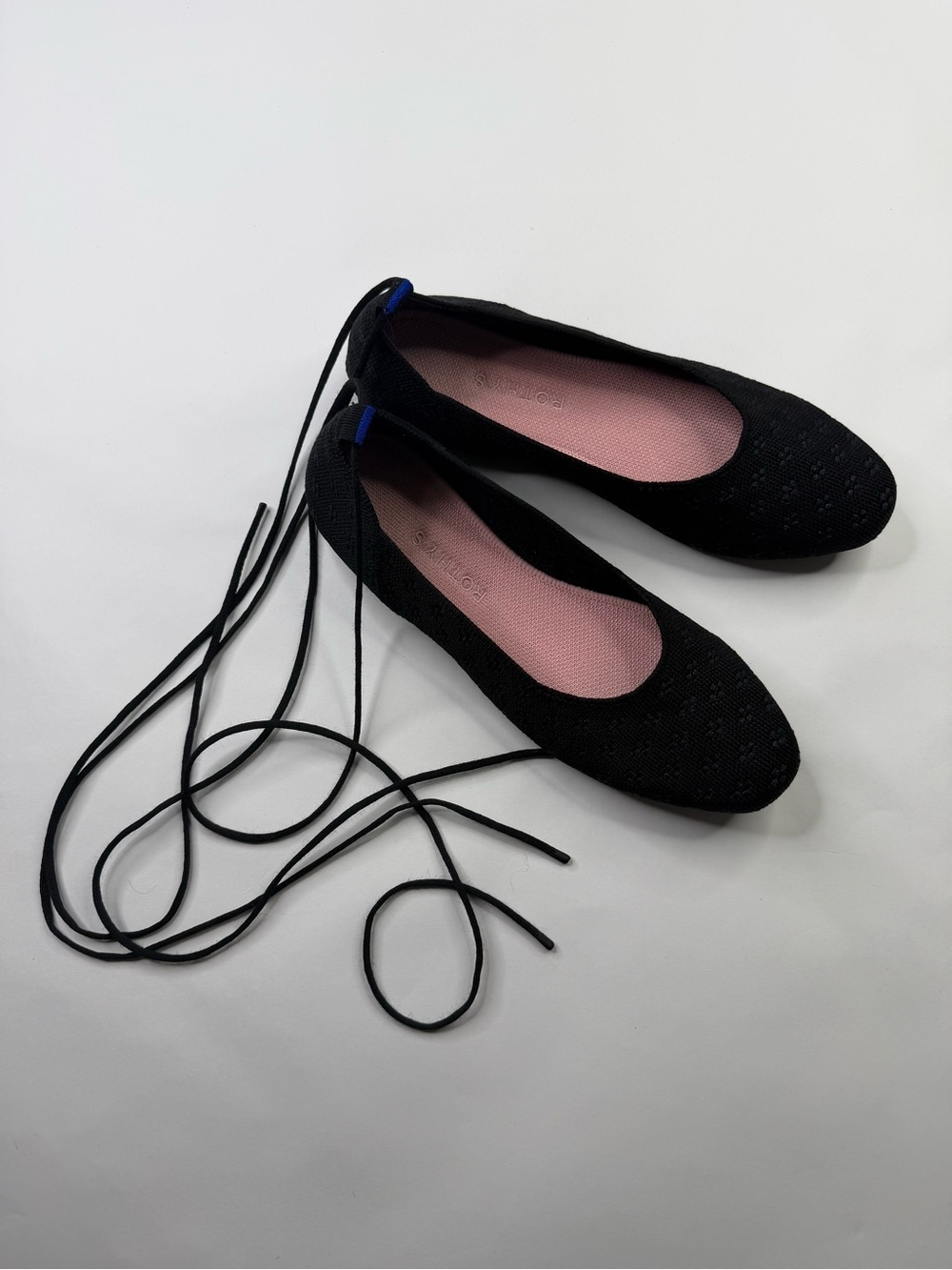 Rothy's Black Ballet Flats with Pink Insole and Black Wrap Laces